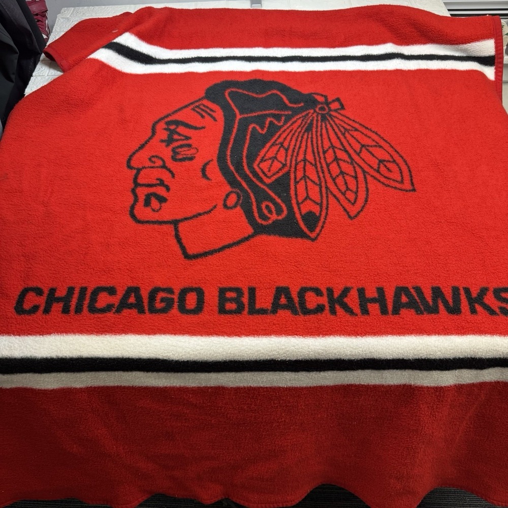 Vintage Biederlack Chicago Blackhawks NHL Blanket Throw Red Black White 52x47